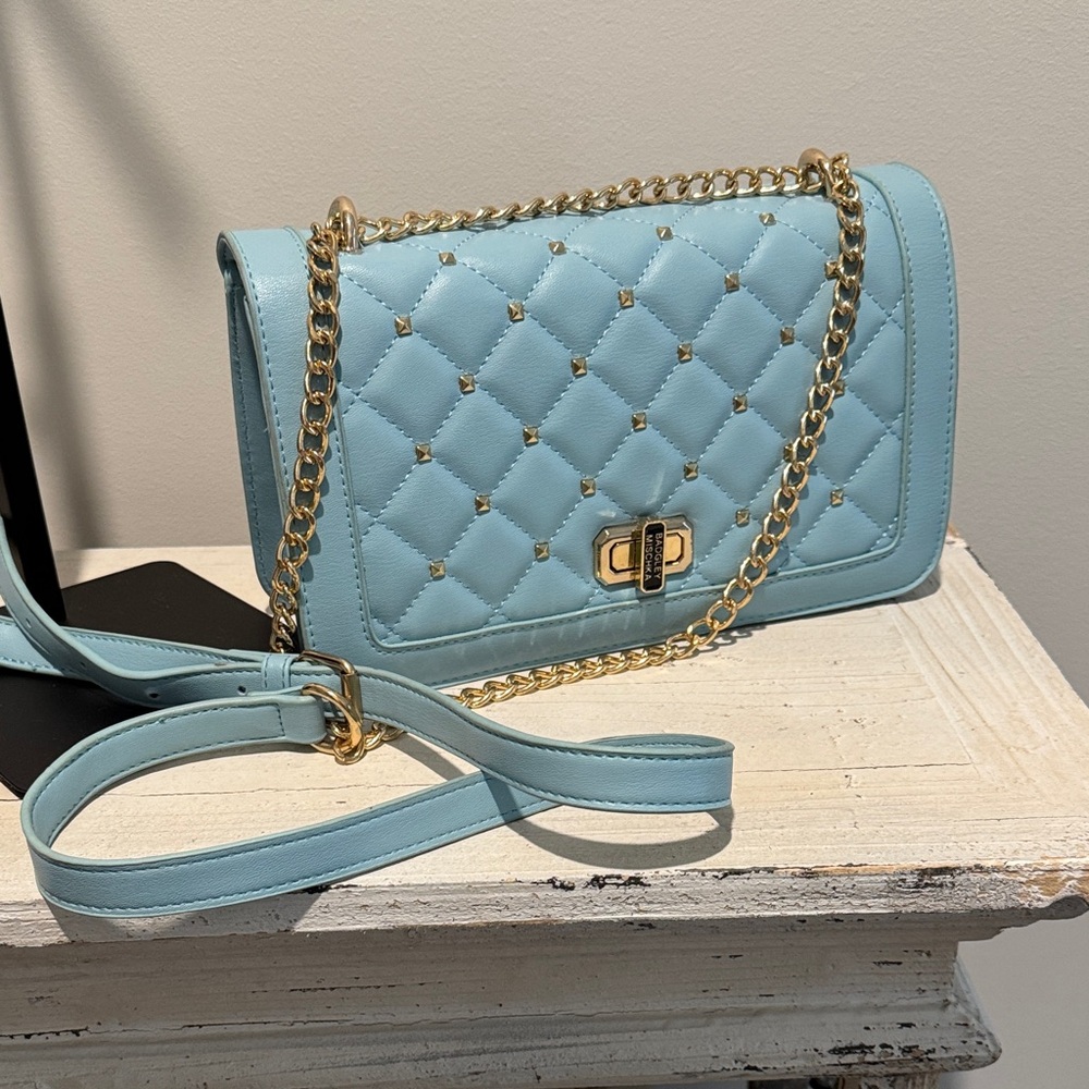 Badgley Mischka Light Blue Quilted Crossbody Bag with Gold Chain - Picture 11 of 11